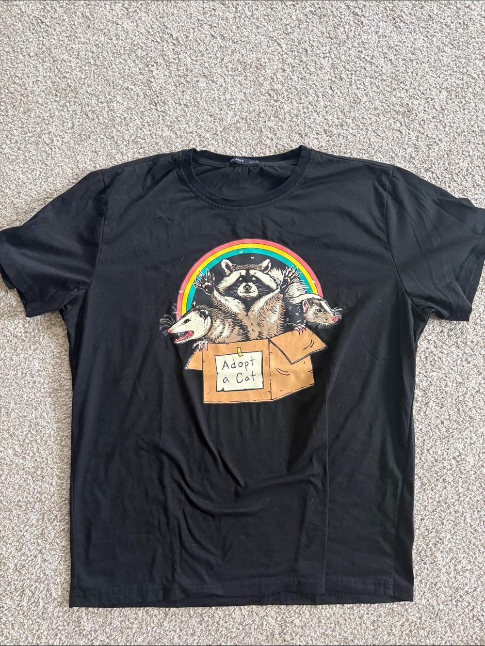 “Adopt a Cat” Black Tee with Rainbow & Animal Graphic